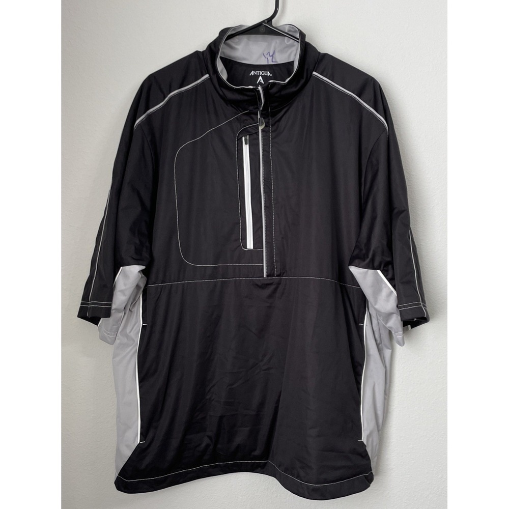Men's Antigua Black Short Sleeve 1/4 Zip Windbreaker - Desert Dry Xtra Lite